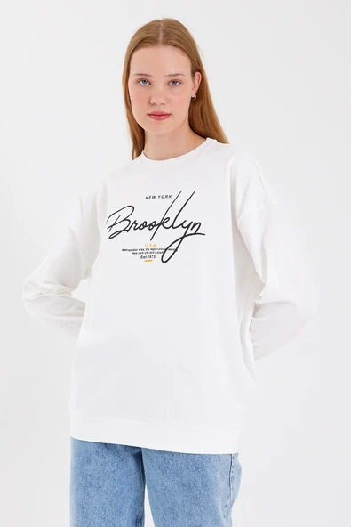 Süperlife Kadın Bisiklet Yaka Regular Fit El Yazılı Brooklyn İnce Sweatshirt SPR23SWK331 - 2