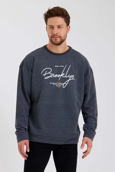 Süperlife Erkek Bisiklet Yaka Oversize Fit  El Yazılı Brooklyn İnce Sweatshirt SPR23SW331 - 11