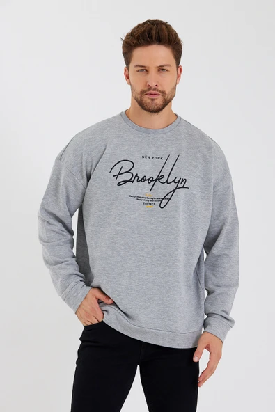 Süperlife Erkek Bisiklet Yaka Oversize Fit  El Yazılı Brooklyn İnce Sweatshirt SPR23SW331 - 9