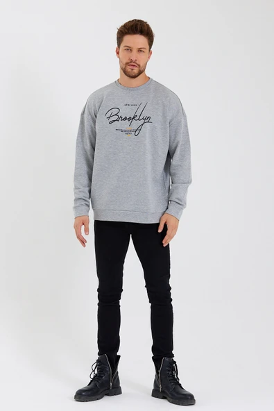Süperlife Erkek Bisiklet Yaka Oversize Fit  El Yazılı Brooklyn İnce Sweatshirt SPR23SW331 - 6