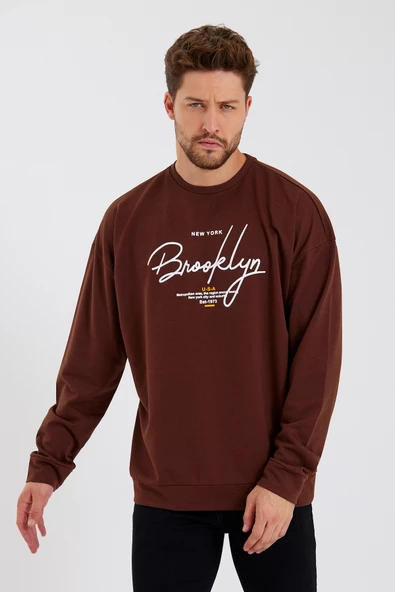 Erkek Bisiklet Yaka Oversize Fit  El Yazılı Brooklyn İnce Sweatshirt SPR23SW331