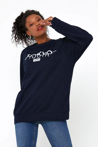 Süperlife Kadın Bisiklet Yaka Regular Fit Tokya Baskılı İnce Sweatshirt SPR22SWK134 - Resim 7