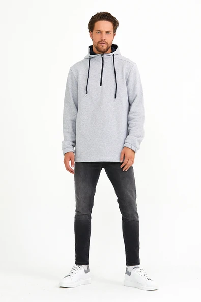 Süperlife Erkek Kapşonlu Regular Fit Yarım Fermuarlı İnce Sweatshirt SPR22SW170 - 7