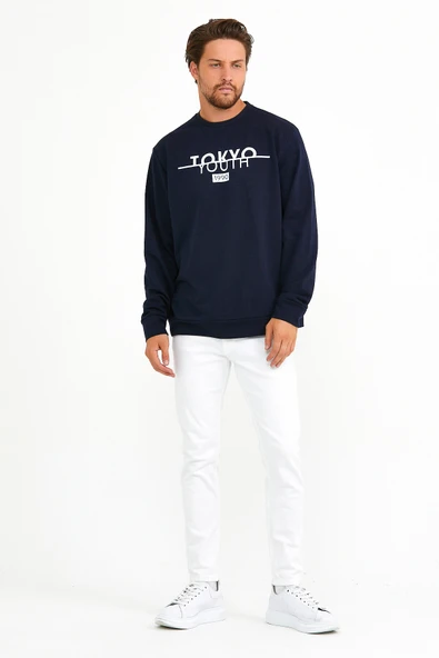 Süperlife Erkek Bisiklet Yaka Regular Fit Tokyo Basklı İnce Sweatshirt spr22sw134