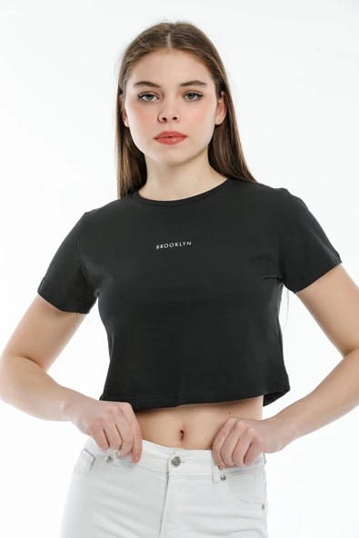 Süperlife Kadın Bisiklet Yaka Slim Fit Brookyn Baskılı Tişort SPR21Y14 - 10