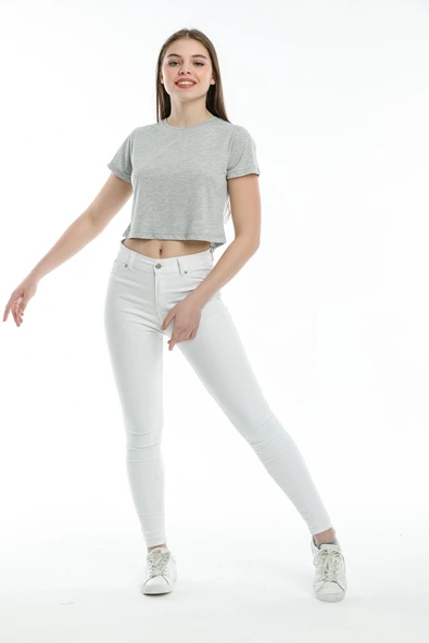 Süperlife Kadın Bisiklet Yaka Crop Örme Slim Fit Tişort SPR21Y13 - 10