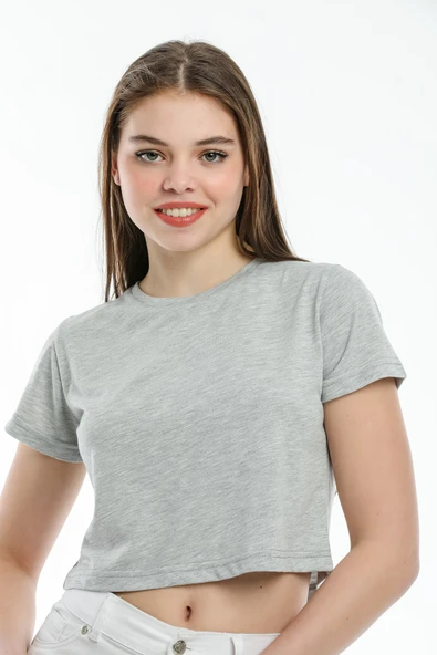 Süperlife Kadın Bisiklet Yaka Crop Örme Slim Fit Tişort SPR21Y13 - 11