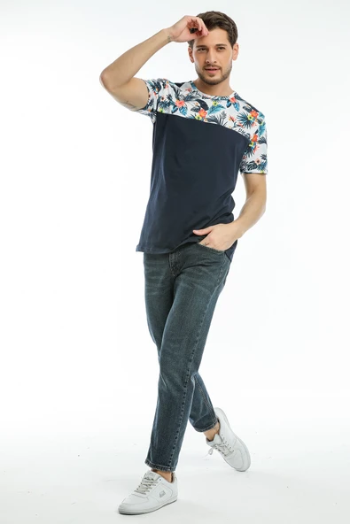 Süperlife Erkek Bisiklet Yaka Slim Fit Kol ve Ön Garnili Tişort SPR21Y06