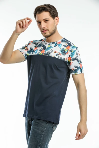 Süperlife Erkek Bisiklet Yaka Slim Fit Kol ve Ön Garnili Tişort SPR21Y06 - 2