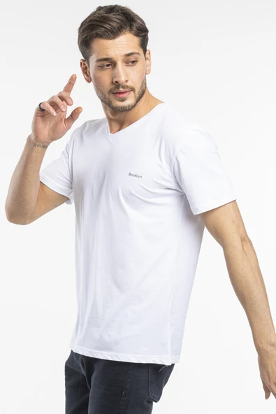 Süperlife Erkek V Yaka Slim Fit Brooklyn Baskılı Kısa Kollu Tişort SPR 265 - 1