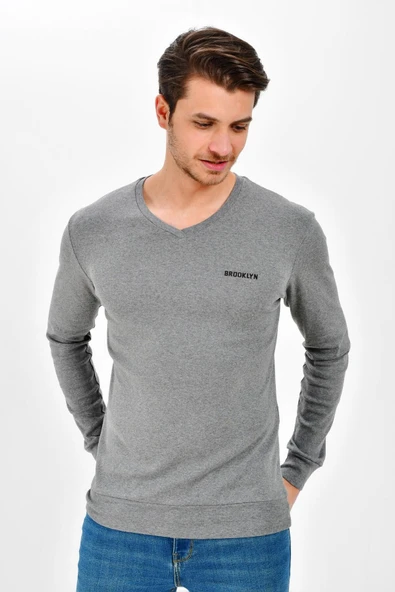 Süperlife V Yaka Uzun Kollu Dar Kalıp İnce Erkek Sweatshirt SPR 2019K19 - 5