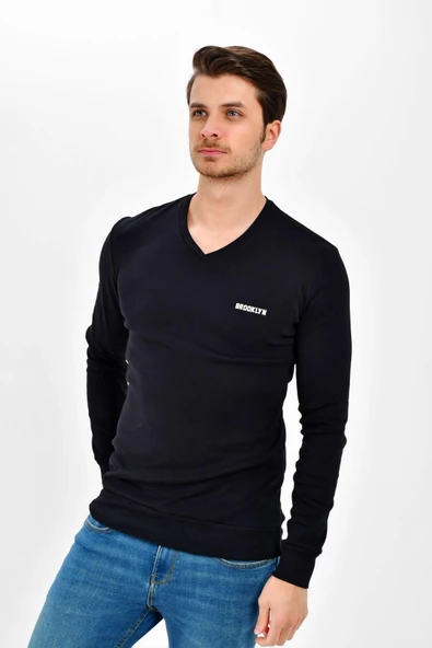 Süperlife V Yaka Uzun Kollu Dar Kalıp İnce Erkek Sweatshirt SPR 2019K19 - 2