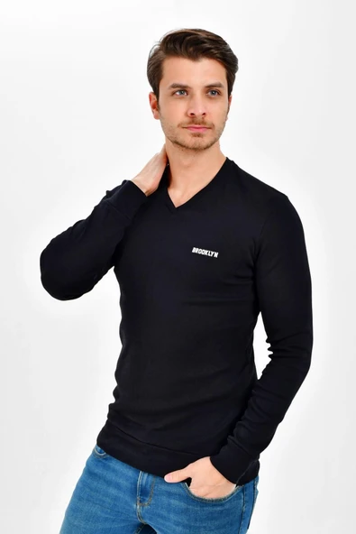 Süperlife V Yaka Uzun Kollu Dar Kalıp İnce Erkek Sweatshirt SPR 2019K19 - 3