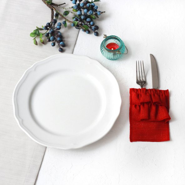 Simli kırmızı fırfırlı çatal bıçak servisi, 10x15 cm  12 adet