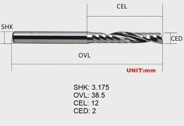 Gravür Tek Kenarlı Freze Bıçağı Spiral Akrilik Kesme 3.175x12mm - Resim 2