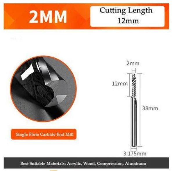 Gravür Tek Kenarlı Freze Bıçağı Spiral Akrilik Kesme 3.175x12mm - Resim 5