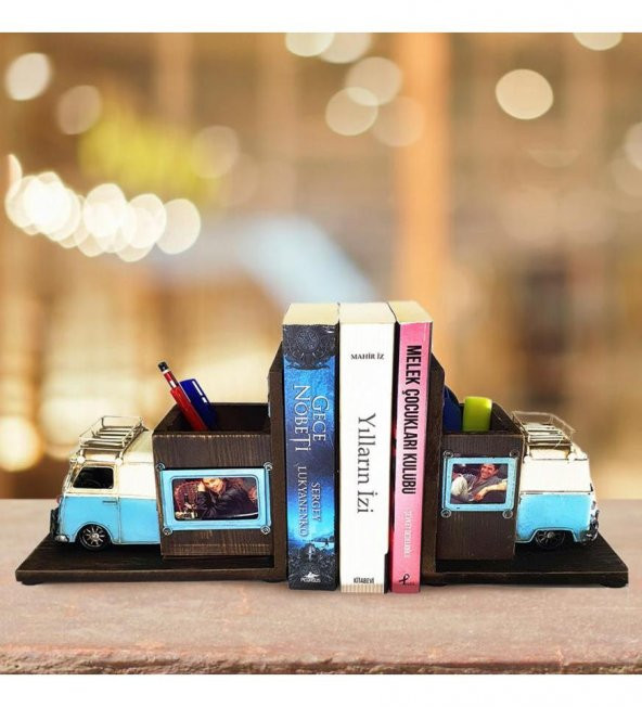 Kişiye Özel Kalemlik ve Çerçeveli Kitap Tutucu Dekoratif Metal Minibüs - 2