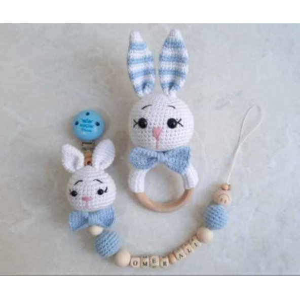 Mavi beyaz tavşan çıngırak seti yenidoğan bebek hediyesi organik oyuncak isimli emzik Zinciri aksesuarları