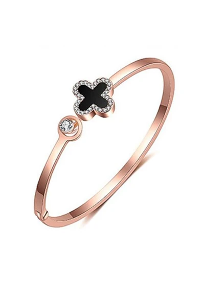 Kadın Kol Saati Bileklik Lüks Moda Şık Trend Set Saat Siyah Rose Gold - Resim 3