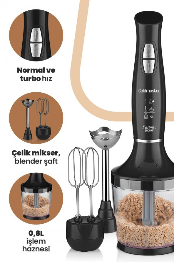 GoldMaster Fastmix Siyah Sessiz Hız Ayarlı 3 In 1 Doğrama Karıştırma Blender Seti