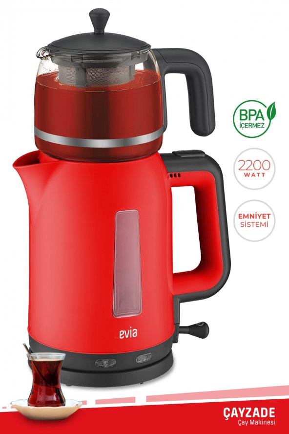 Evia Çayzade Kırmızı Cam Demlikli Bpa İçermeyen Çay Makinesi Ve Su Isıtıcısı