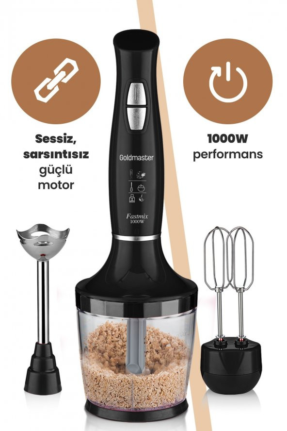 GoldMaster Fastmix Siyah Sessiz Hız Ayarlı 3 In 1 Doğrama Karıştırma Blender Seti - 4