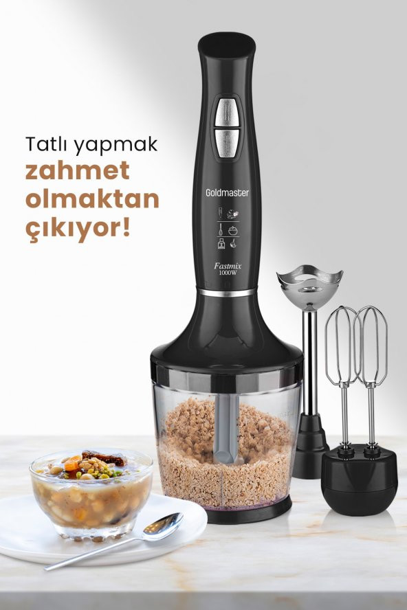 GoldMaster Fastmix Siyah Sessiz Hız Ayarlı 3 In 1 Doğrama Karıştırma Blender Seti - 5