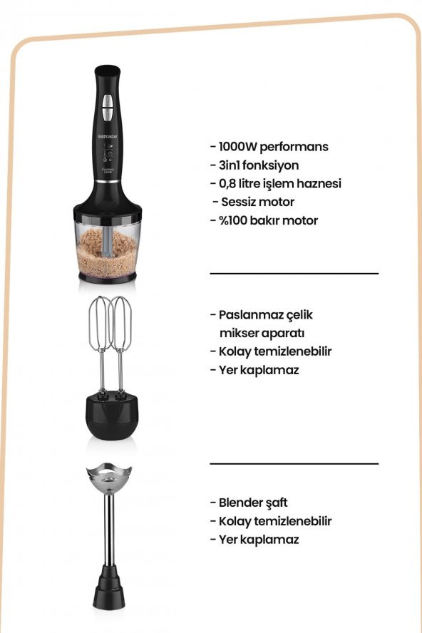 GoldMaster Fastmix Siyah Sessiz Hız Ayarlı 3 In 1 Doğrama Karıştırma Blender Seti - 7