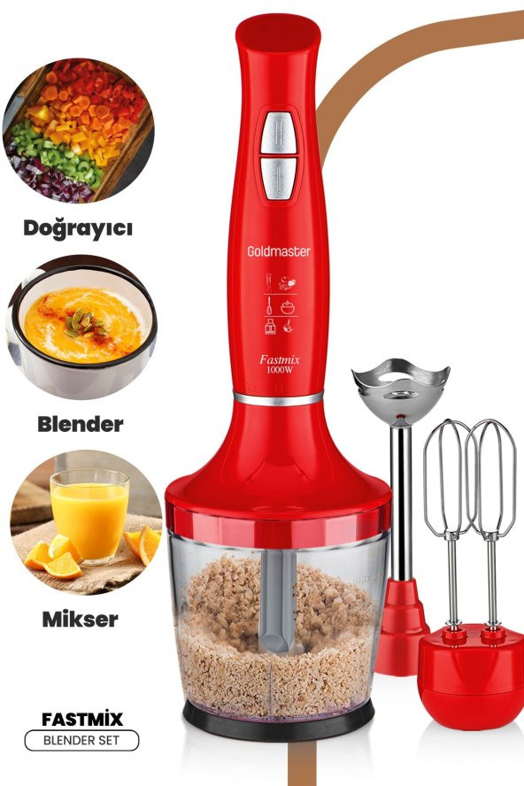 GoldMaster Fastmix Kırmızı Sessiz Hız Ayarlı 3 In 1 Doğrama Karıştırma Blender Seti