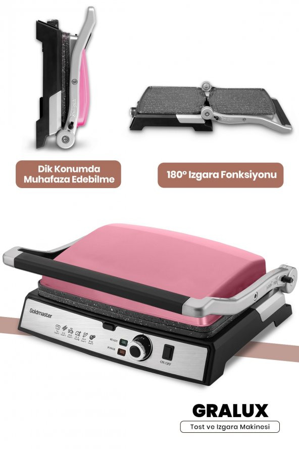 Goldmaster Gralux Pembe Paslanmaz Çelik Granit Çıkarılabilir Plakalı Tost Ve Izgara Makinesi ürün görseli 1