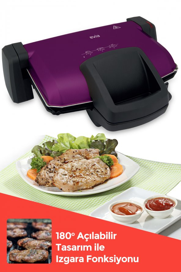 Evia Damak Mor Çıkarılabilir Plakalı Kademe ve Isı Ayarlı Tost Ve Izgara Makinesi - 4