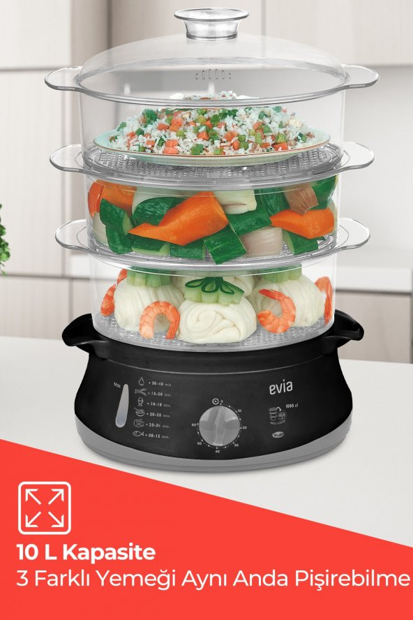 Evia 60 Dakika Zaman Ayarlı 10 Litre Bpa Içermeyen Buharlı Pişirici - Resim 3