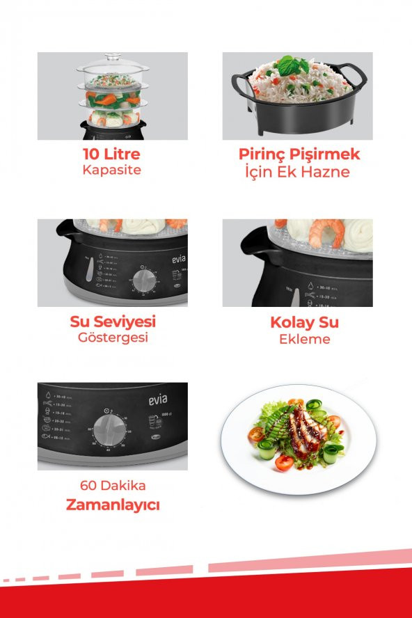 Evia 60 Dakika Zaman Ayarlı 10 Litre Bpa Içermeyen Buharlı Pişirici - Resim 4