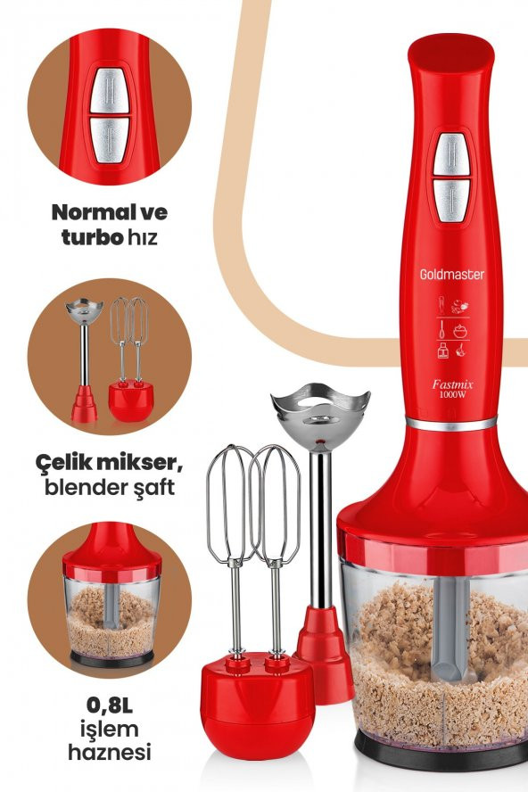 Goldmaster Fastmix Kırmızı Sessiz Hız Ayarlı 3 In 1 Doğrama Karıştırma Blender Seti - 2