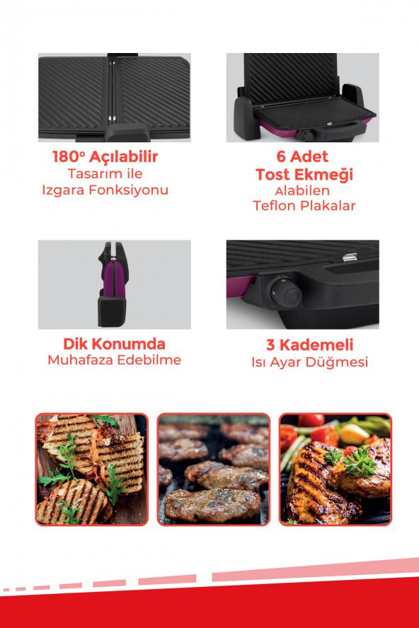 Evia Damak Mor Çıkarılabilir Plakalı Kademe ve Isı Ayarlı Tost Ve Izgara Makinesi - 6