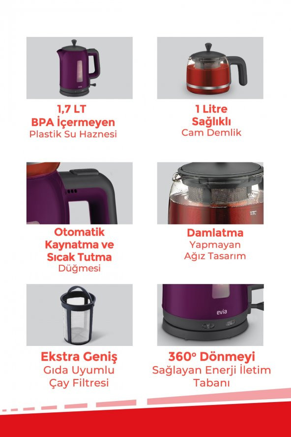 Evia Çayzade Mor Cam Demlikli Bpa İçermeyen Çay Makinesi Ve Su Isıtıcısı - 6