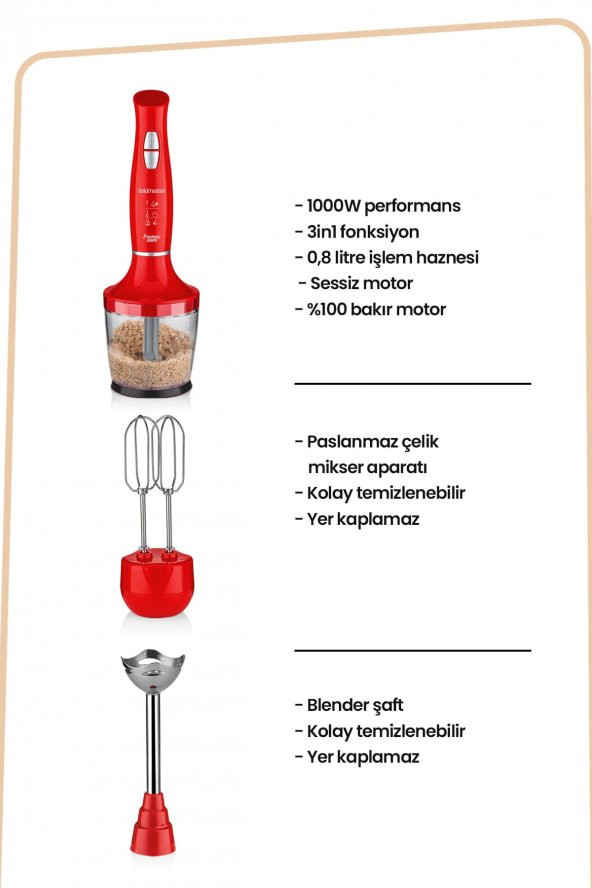 Goldmaster Fastmix Kırmızı Sessiz Hız Ayarlı 3 In 1 Doğrama Karıştırma Blender Seti - 4