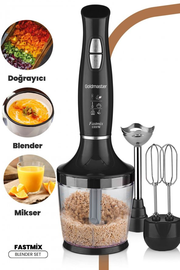 GoldMaster Fastmix Siyah Sessiz Hız Ayarlı 3 In 1 Doğrama Karıştırma Blender Seti