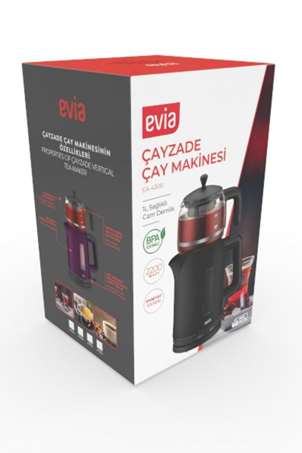 Evia Çayzade Kırmızı Cam Demlikli Bpa İçermeyen Çay Makinesi Ve Su Isıtıcısı - 6