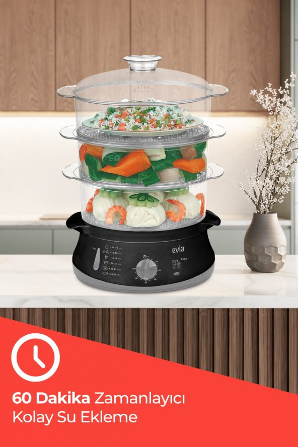 Evia 60 Dakika Zaman Ayarlı 10 Litre Bpa Içermeyen Buharlı Pişirici - Resim 6