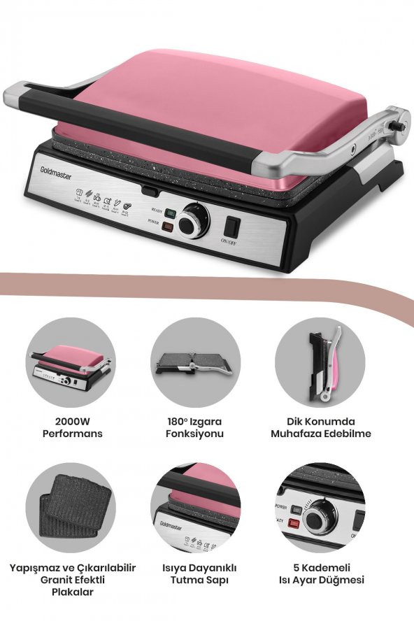 Goldmaster Gralux Pembe Paslanmaz Çelik Granit Çıkarılabilir Plakalı Tost Ve Izgara Makinesi - 4