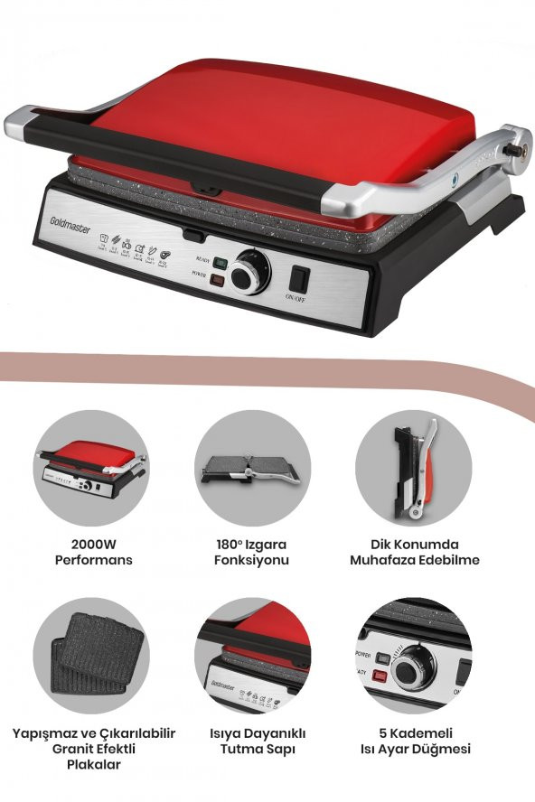 GoldMaster Gralux Kırmızı Paslanmaz Çelik Granit Çıkarılabilir Plakalı Tost Ve Izgara Makinesi - 5