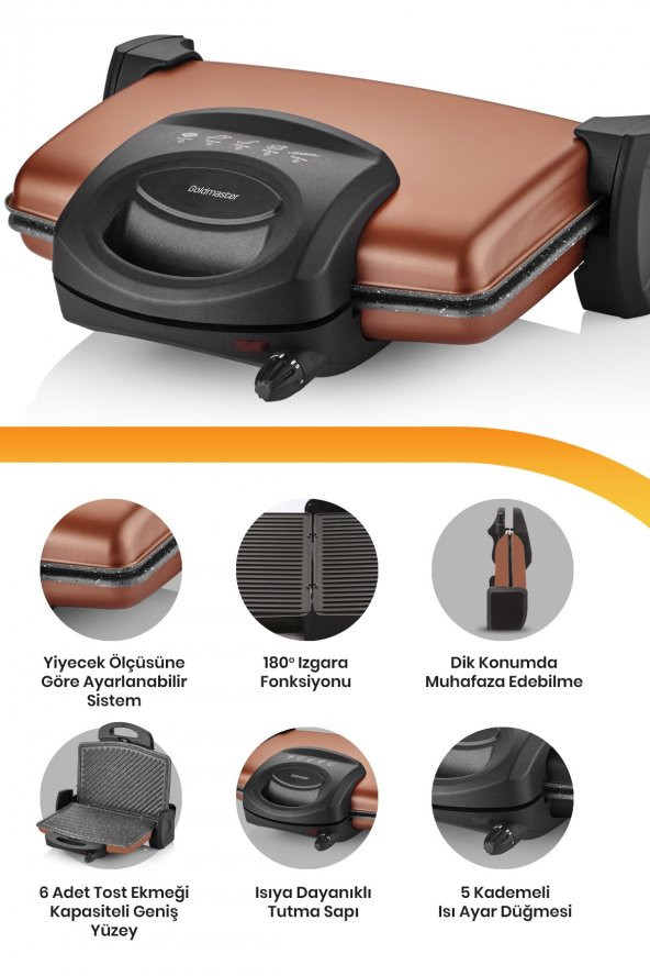 GoldMaster Lezzito Gold Granit Çıkarılabilir Plakalı 5 Kademe Isı Ayarlı Tost Ve Izgara Makinesi - 4