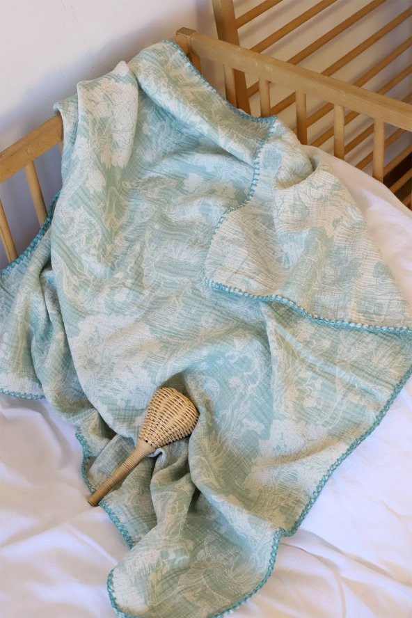 Vivamaison 100x100 cm Bebek Battaniyesi ve 35x45 cm Yastık Kılıfı Jakarlı 3 Kat Müslin Yeşil Tavşan - 3
