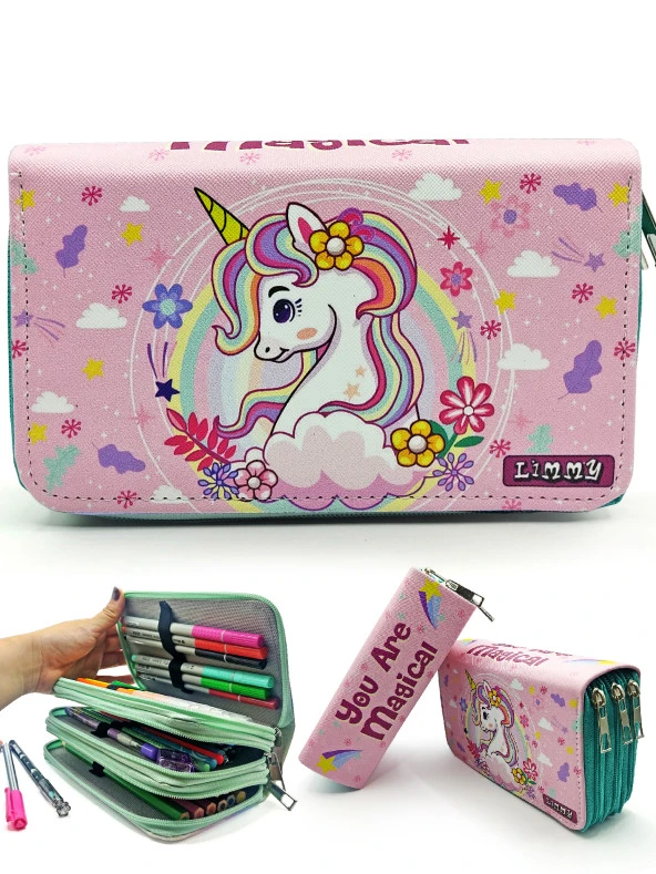 Kalem Kutusu Unicorn Bahar Temalı Kawai Organizer Kalemkutu Vegan Deri Üç Bölmeli Kalemlik- Yeşil