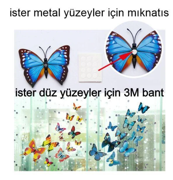 3D PVC Manyetik Kelebek 12 li Duvar Süsleme Dekorasyon Model H3 - 8