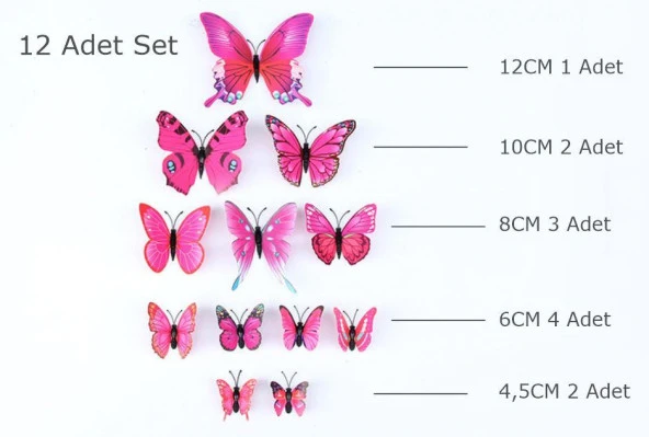3D PVC Manyetik Kelebek 12 li Duvar Süsleme Dekorasyon Model H3 - 9