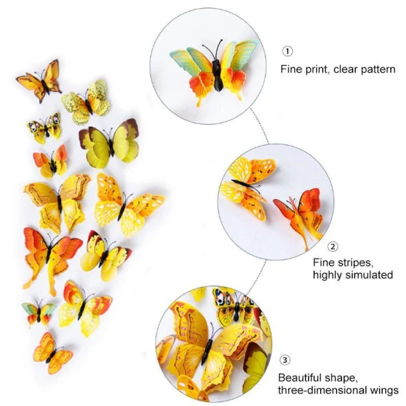 3D PVC Manyetik Kelebek 12 li Duvar Süsleme Dekorasyon Model H3 - 12