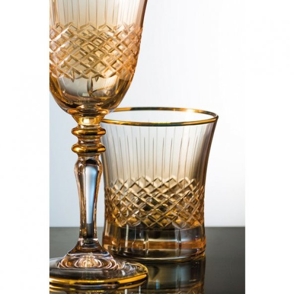 Kcd Antik Sarı Kesme El Dekor Yaldızlı 6 Adet Desenli Su Bardağı Takımı - Resim 2