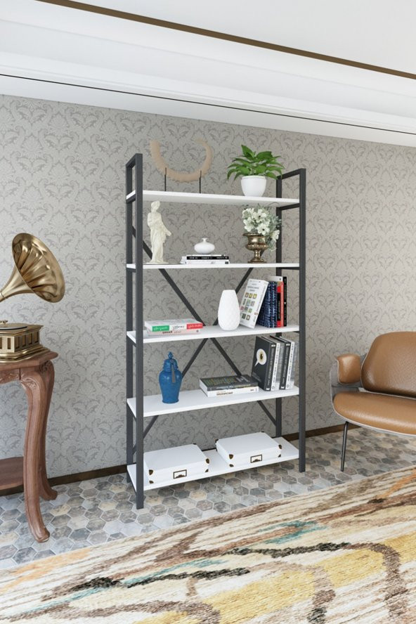 WOOD HOUSE - DENİZ METAL 5 RAFLI KİTAPLIK-BEYAZ - 2